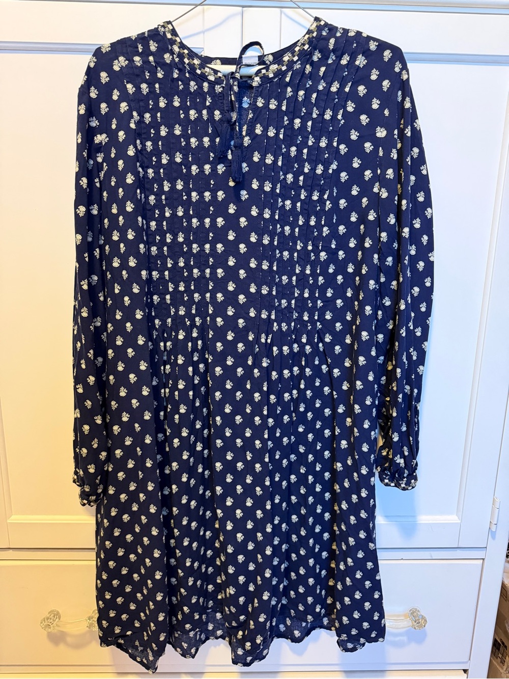 Old Navy Navy Blue Floral Pintuck Tie-Neck Long-Sleeve Dress